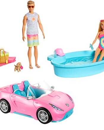 Barbie GJB71 - zestaw upominkowy z kabrioletem, basenem ze zjeżdżalnią, lalka Barbie i lalka Ken w stroju kąpielowym, z modnymi i akcesoriami, prezent dla dzieci w wieku od 3 do 7 lat