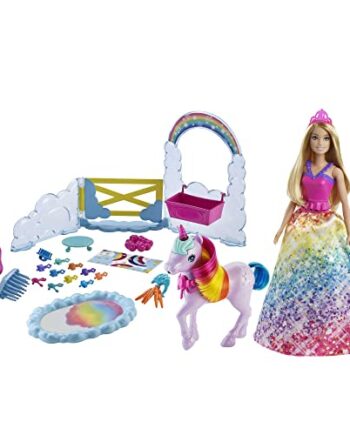 Barbie GTG01 - Dreamtopia Księżniczka z jednorożcem zestaw do zabawy z lalką Barbie, jednorożcem i zmieniającym kolor nocnikiem, wiek 3+