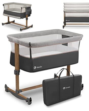 LIONELO Leonie łóżeczko dostawne i turystyczne, regulowana wysokość, wysokiej jakości materac, zwijana ścianka boczna, torba transportowa w zestawie, modny design