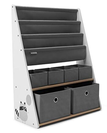 Kinderkraft Regał dziecięcy RACOON, Organizer na zabawki książki, Praktyczny i pojemny, Odpowiednia wysokośc dla dziecka, Solidna konstrukcja, Pojemniki w zestawie, Biały