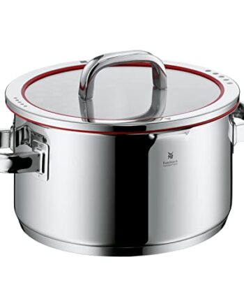 WMF Function 4 Kochtopf groß 24cm, Glasdeckel, Fleischtopf Induktion 5,7l, Cromargan Edelstahl poliert, 4 Abgießfunktionen, Innenskalierung, rot