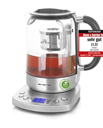 Emerio WK-122248 Glas Teekocher Wasserkocher TESTSIEGER mit Note 1.3 vollautomatisches Teesieb Absenkautomatik Borosilikatglas BPA frei 1.7l Volumen Temperaturwahl 2200 Watt Schwarz/Silber