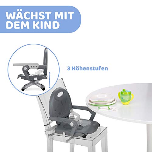 Chicco Pocket Snack Kindersitzerhöhung Esszimmerstuhl für Kinder von 6 Monaten bis 3 Jahren 15kg,tragbarer und verstellbarer Babyhochstuhl mit kompaktem Verschluss und abnehmbarem Tablett Dunkelgrau - obrazek 5