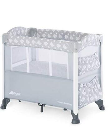 Hauck Sleep n Care Plus łóżko dostawiane w zestawie materac, rolki, pas bezpieczeństwa, torby, opuszczana część boczna (składane i przenośne), 5-częściowy, 80 x 44 cm, szary pluszowy