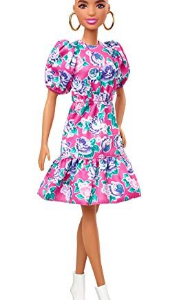 Barbie GHW64 - Lalka Barbie Fashionistas 150 (błyszcząca) z sukienką w kwiaty