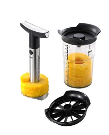 GEFU 13550 Ananasschneider Professional Plus - Messer und Schäler Set für Ananas - Edelstahl Schneider mit Behälter, Silber / Schwarz