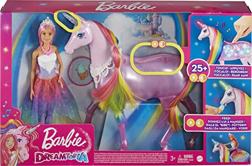 Barbie, Dreamtopia Jednorożec Magia Świateł Z Tęczową Grzywą, Światłami I Dźwiękami I Lalka Księżniczka Barbie Z Różowymi Włosami GWM78 - obrazek 4