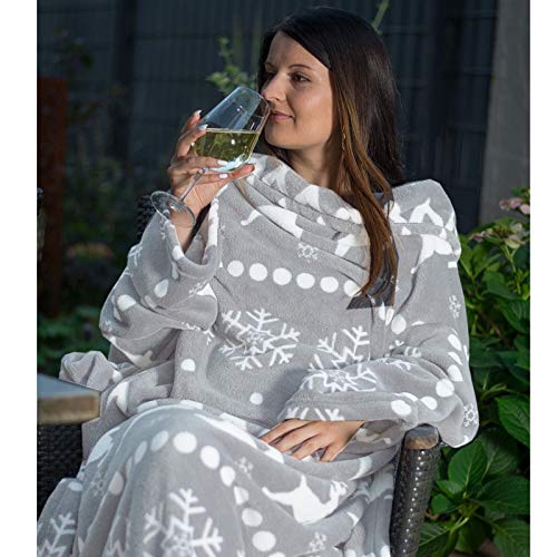 JEMIDI HOMELEVEL koc do wtulania się z mikrofibry, z rękawami i rękawami, koc na sofę, 200 cm x 150 cm, koc do telewizora, koc z ramionami, szary, norweski design, koc (jasnoszary, norweski design) - obrazek 6