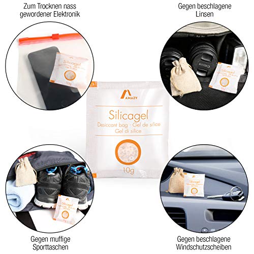 Amazy Silikonowy woreczek żelowy (40 x 10 g) w zestawie z woreczkiem jutowym i kulkami wskaźnikowymi – zapakowany próżniowo żel krzemionkowy jako środek osuszający (regenerujący) do wiązania wilgoci – chroni przed wilgocią i mufką - obrazek 6