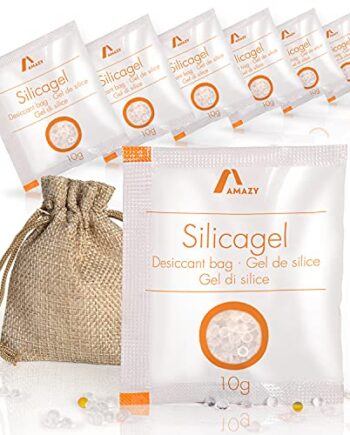 Amazy Silikonowy woreczek żelowy (40 x 10 g) w zestawie z woreczkiem jutowym i kulkami wskaźnikowymi – zapakowany próżniowo żel krzemionkowy jako środek osuszający (regenerujący) do wiązania wilgoci – chroni przed wilgocią i mufką