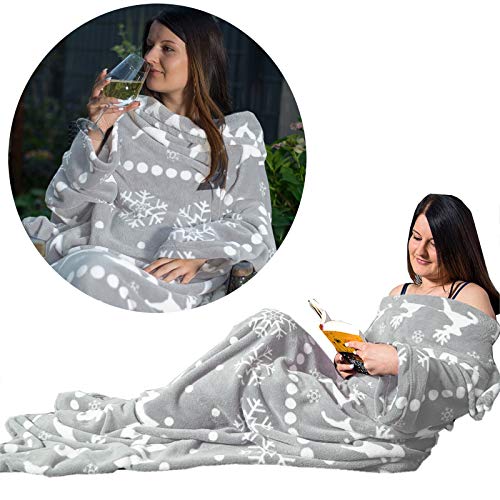 JEMIDI HOMELEVEL koc do wtulania się z mikrofibry, z rękawami i rękawami, koc na sofę, 200 cm x 150 cm, koc do telewizora, koc z ramionami, szary, norweski design, koc (jasnoszary, norweski design) - obrazek 4