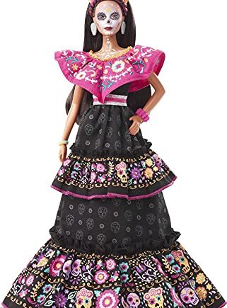 Barbie GXL27 - lalka Barbie Signature 2021 Dia De Muertos (29,21 cm) z tradycyjną haftowaną suknią, kwiatową koroną i malowaniem twarzy calavera, prezent dla kolekcjonerów