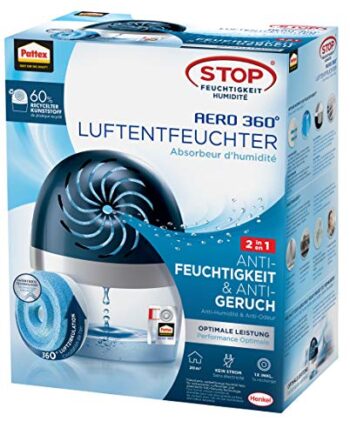 Osuszacz powietrza Pattex AERO 360º ultrachłonny osuszacz pomieszczeń redukuje nieprzyjemne zapachy możliwość ponownego napełnienia 1 sztuka w zestawie. 1 opakowanie uzupełniające 450 g