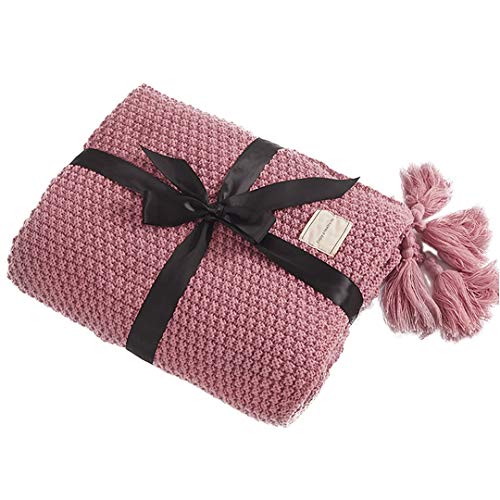 AUSTINCIAGA Koc z dzianiny, pled, na sofę, narzuta, obrus, nordycki, ciepły, miękki, z frędzlami, ręcznie wykonany, na plażę, piknik, wszystkie pory roku (różowy, 150 x 200 cm)