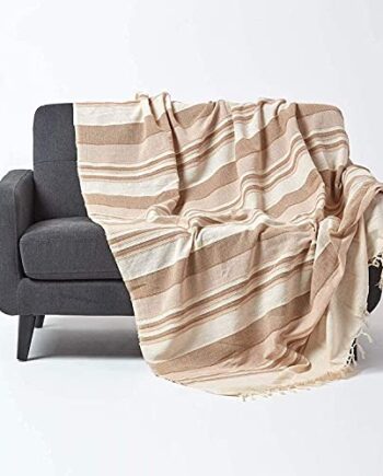 Homescapes Narzuta Morocco, beżowa, narzuta na sofę ze 100% bawełny, miękki koc 150 x 200 cm, jasnobrązowe paski, z frędzlami