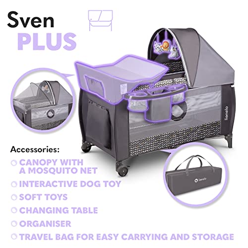 LIONELO Sven Plus 2 w 1, łóżeczko turystyczne i kojec, przewijak, moskitiera, funkcja bujania, baldachim z moskitierą, zabezpieczenie przed złożeniem, wejście boczne (Szary) - obrazek 4