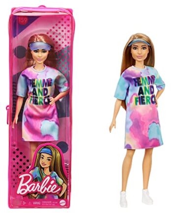 Mattel - Barbie Fashionista, Petite with Light Brown Hair Wearing Tie-Dye T-Shirt Dress