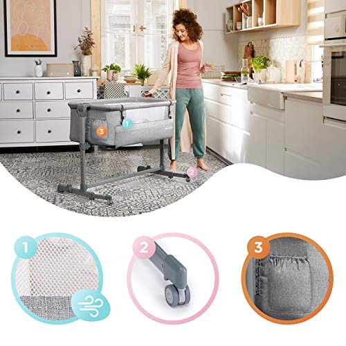 Kinderkraft Łóżeczko dostawne NESTE UP, Łóżko turystyczne dziecięce, Regulacja wysokości i kątu nachylenia, Materac i prześcieradło, Solidna konstrukcja, Opuszczana ściana boczna, do 9 kg, Szary - obrazek 8