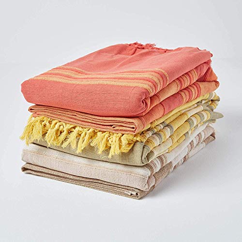 Homescapes Narzuta Morocco, beżowa, narzuta na sofę ze 100% bawełny, miękki koc 150 x 200 cm, jasnobrązowe paski, z frędzlami - obrazek 3