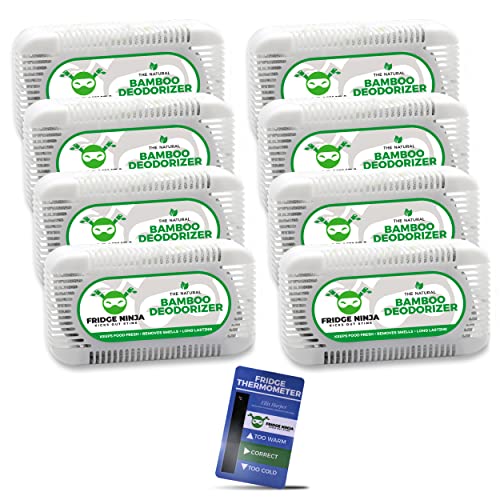 Odświeżacze do lodówki (8 sztuk) – dezodorant i odświeżacz do lodówki z węglem bambusowym wielokrotnego użytku worki do oczyszczania powietrza z aktywnym węglem aktywnym w tym termometr na lodówkę – również do toreb na lunch i lodówek
