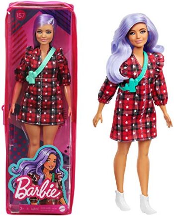 Mattel - Barbie Fashionista, Curvy with Lavender Hair Wearing Red Plaid Dress