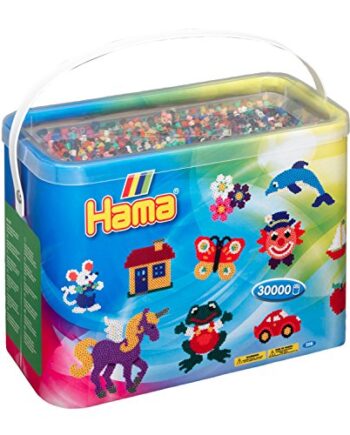 Hama Perlen 208-67 Bügelperlen im Eimer mit ca. 30.000 bunten Midi Bastelperlen mit Durchmesser 5 mm im Grundfarben Mix, kreativer Bastelspaß für Groß und Klein