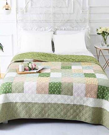 VIVILINEN Pikowany koc narzutowy, 100% bawełna, patchworkowa, miękka, lekka kołdra na kanapę, sofę, łóżko, narzuta, pojedynczy, zielony, 150 x 200 cm