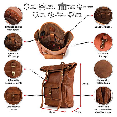 Berliner Bags Vintage Leeds skórzany plecak z kieszenią na laptopa dla - obrazek 9