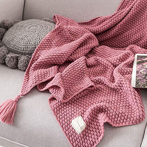 AUSTINCIAGA Koc z dzianiny, pled, na sofę, narzuta, obrus, nordycki, ciepły, miękki, z frędzlami, ręcznie wykonany, na plażę, piknik, wszystkie pory roku (różowy, 150 x 200 cm) - obrazek 3