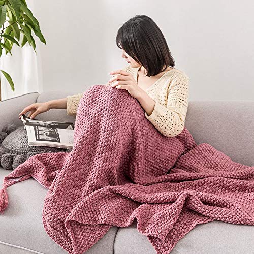 AUSTINCIAGA Koc z dzianiny, pled, na sofę, narzuta, obrus, nordycki, ciepły, miękki, z frędzlami, ręcznie wykonany, na plażę, piknik, wszystkie pory roku (różowy, 150 x 200 cm) - obrazek 5