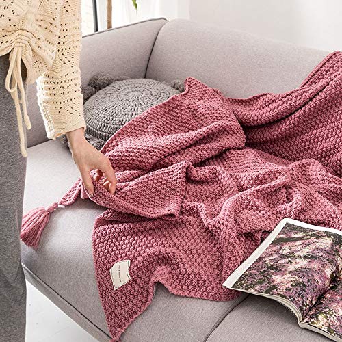 AUSTINCIAGA Koc z dzianiny, pled, na sofę, narzuta, obrus, nordycki, ciepły, miękki, z frędzlami, ręcznie wykonany, na plażę, piknik, wszystkie pory roku (różowy, 150 x 200 cm) - obrazek 4
