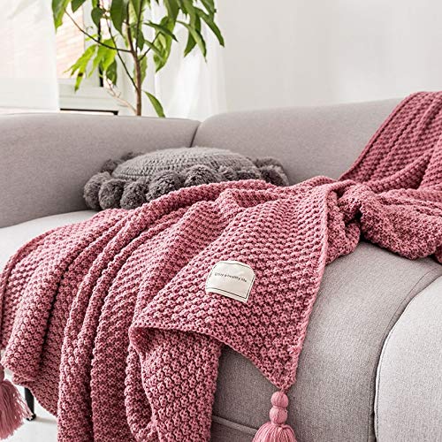 AUSTINCIAGA Koc z dzianiny, pled, na sofę, narzuta, obrus, nordycki, ciepły, miękki, z frędzlami, ręcznie wykonany, na plażę, piknik, wszystkie pory roku (różowy, 150 x 200 cm) - obrazek 2