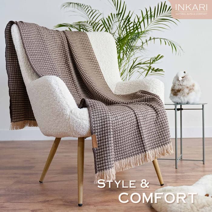 Inkari Ręcznie wykonany koc z alpaki 210 x 140 cm – puszysty koc z wełny alpaki i merynosów – wełniany koc idealnie nadaje się jako narzuta na sofę, koc do mieszkania lub na kanapę - obrazek 7