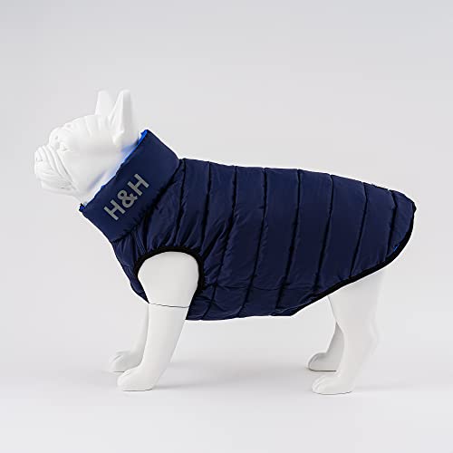 HUGO & HUDSON Kurtka puchowa dla psa, odzież i akcesoria dla psów, odwracalny, wodoodporny płaszcz dla psa z otworem na kołnierz, niebieski i granatowy - XS25 - obrazek 7