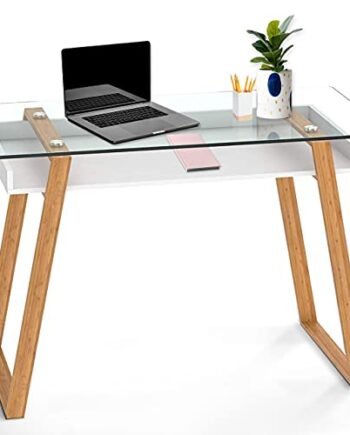 bonVIVO Designerskie biurko Massimo w eleganckiej mieszance materiałów, stolik szklany z bambusową ramą i drewnianą półką w kolorze białym, idealnie nadaje się również jako sekretarzyk, stolik biurowy, stolik komputerowy, stolik pomocniczy i toaletka