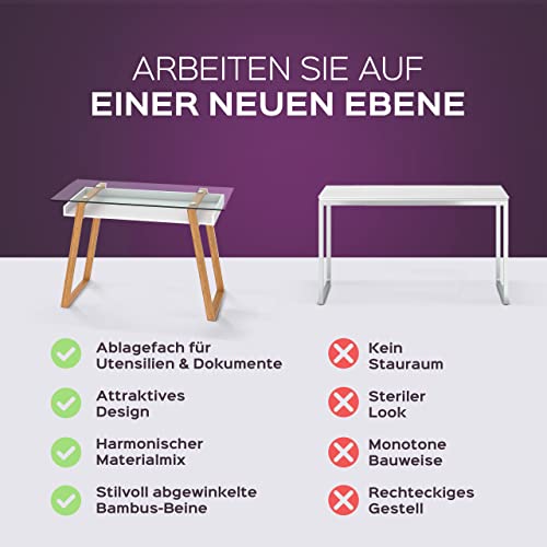 bonVIVO Designerskie biurko Massimo w eleganckiej mieszance materiałów, stolik szklany z bambusową ramą i drewnianą półką w kolorze białym, idealnie nadaje się również jako sekretarzyk, stolik biurowy, stolik komputerowy, stolik pomocniczy i toaletka - obrazek 4