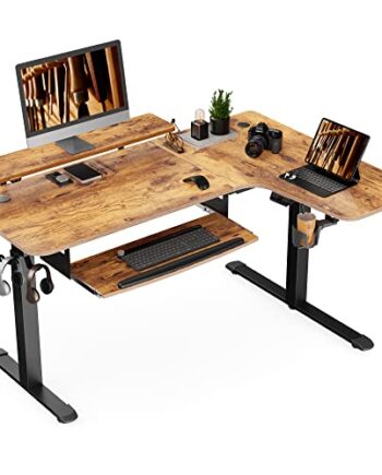 EUREKA ERGONOMIC Biurko z regulacją wysokości 155 x 110 cm, z regulacją wysokości, elektryczne, duży stół do gier, w kształcie litery L, podwójny silnik z możliwością zarządzania kablami i funkcją pamięci