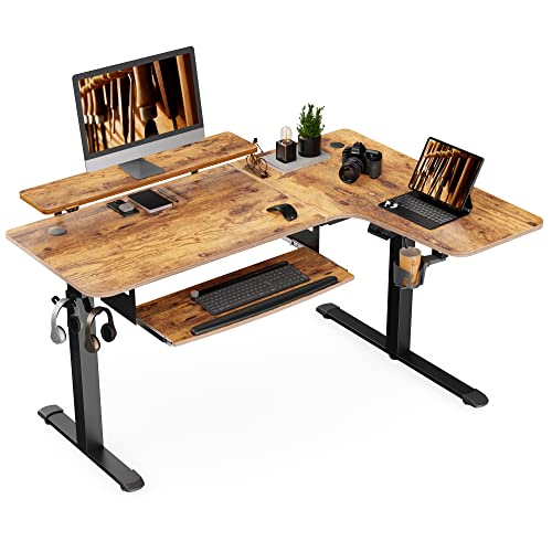 EUREKA ERGONOMIC Biurko z regulacją wysokości 155 x 110 cm, z regulacją wysokości, elektryczne, duży stół do gier, w kształcie litery L, podwójny silnik z możliwością zarządzania kablami i funkcją pamięci