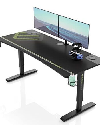 EUREKA ERGONOMIC Ręczna regulacja wysokości biurko do gier komputerowych 160cm x 70cm, zakrzywiona krawędzia Czarny stolik pod komputer stojący w domu z podkładką myszy, stojak kontrolera, uchwyt na kubek, hak na słuchawki