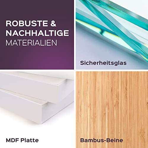 bonVIVO Designerskie biurko Massimo w eleganckiej mieszance materiałów, stolik szklany z bambusową ramą i drewnianą półką w kolorze białym, idealnie nadaje się również jako sekretarzyk, stolik biurowy, stolik komputerowy, stolik pomocniczy i toaletka - obrazek 2