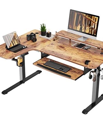 EUREKA ERGONOMIC Biurko z elektryczną regulacją wysokości, 155 x 110 cm, duży stół dla graczy, w kształcie litery L, podwójny silnik z ochroną przed kolizjami i funkcją pamięci