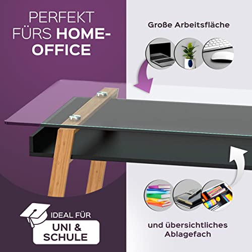 bonVIVO Designerskie biurko Massimo w eleganckiej mieszance materiałów, stolik szklany z bambusową ramą i drewnianą półką w kolorze białym, idealnie nadaje się również jako sekretarzyk, stolik biurowy, stolik komputerowy, stolik pomocniczy i toaletka - obrazek 5