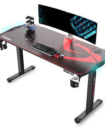 EUREKA ERGONOMIC Biurko z regulacją wysokości, 166 x 70 cm, z regulacją wysokości, elektryczne z 2 silnikami, duże biurko gamingowe z podświetleniem LED, z funkcją pamięci, czarne