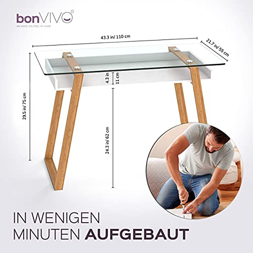 bonVIVO Designerskie biurko Massimo w eleganckiej mieszance materiałów, stolik szklany z bambusową ramą i drewnianą półką w kolorze białym, idealnie nadaje się również jako sekretarzyk, stolik biurowy, stolik komputerowy, stolik pomocniczy i toaletka - obrazek 6