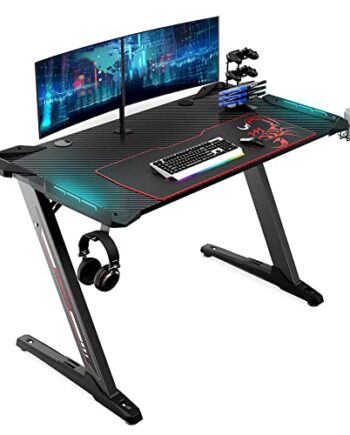 EUREKA ERGONOMIC Stół gamingowy Z1S, biurko gamingowe, biurko komputerowe, biurko dla graczy, z oświetleniem RGB LED, uchwytem na napoje i uchwytem na słuchawki, kolor czarny