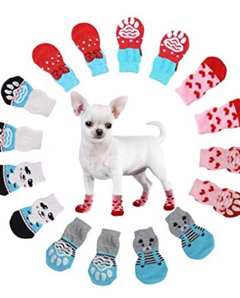 NO Heiqlay skarpetki dla psa skarpetki dla zwierząt pies kot łapa ochraniacz trakcji skarpety do noszenia wewnątrz antypoślizgowe urocze utrzymują ciepło zwierzę domowe pies kot skarpetki z gumowym wzmocnieniem, 4 zestawy, S
