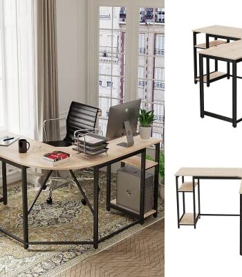 Biurko komputerowe w kształcie litery L, biurko do gier, narożne z 2 półkami, wzornictwo przemysłowe, duża przestrzeń (138 x 138 x 75 cm)