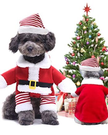 Kostium na Boże Narodzenie dla zwierząt domowych, stojący Świętego Mikołaja, w paski, czerwone ubrania, kot i pies z kapturem utrzymuje ciepło zimą i wiosną (paski M)