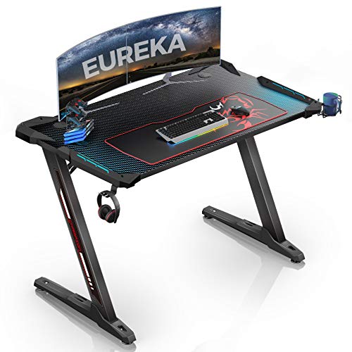 EUREKA ERGONOMIC Stół gamingowy Z1S, biurko gamingowe, biurko komputerowe, biurko dla graczy, z oświetleniem RGB LED, uchwytem na napoje i uchwytem na słuchawki, kolor czarny - obrazek 2