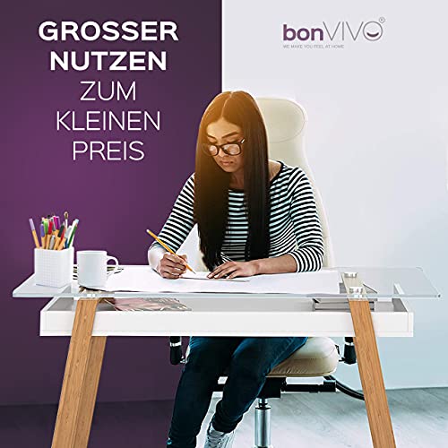 bonVIVO Designerskie biurko Massimo w eleganckiej mieszance materiałów, stolik szklany z bambusową ramą i drewnianą półką w kolorze białym, idealnie nadaje się również jako sekretarzyk, stolik biurowy, stolik komputerowy, stolik pomocniczy i toaletka - obrazek 7